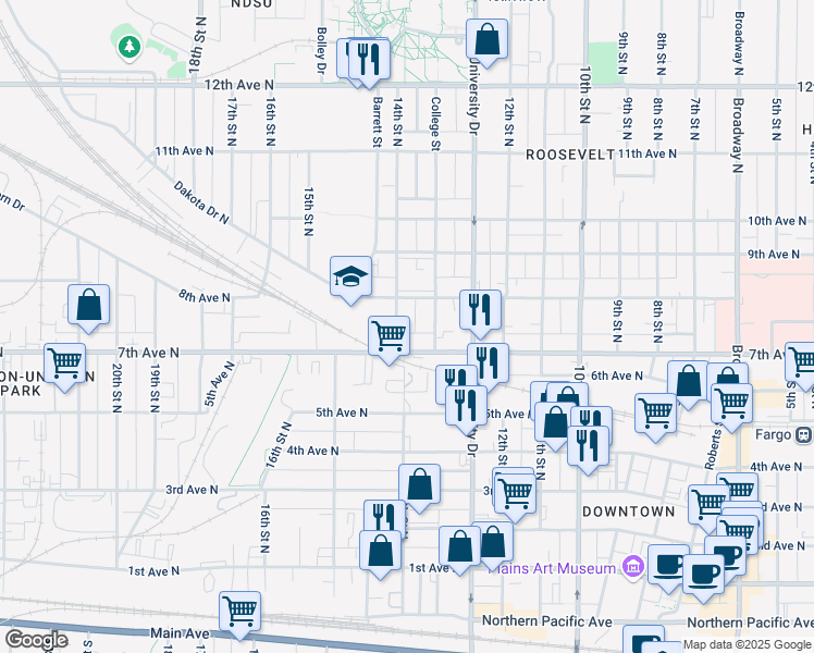 map of restaurants, bars, coffee shops, grocery stores, and more near 721-723 14th Street North in Fargo