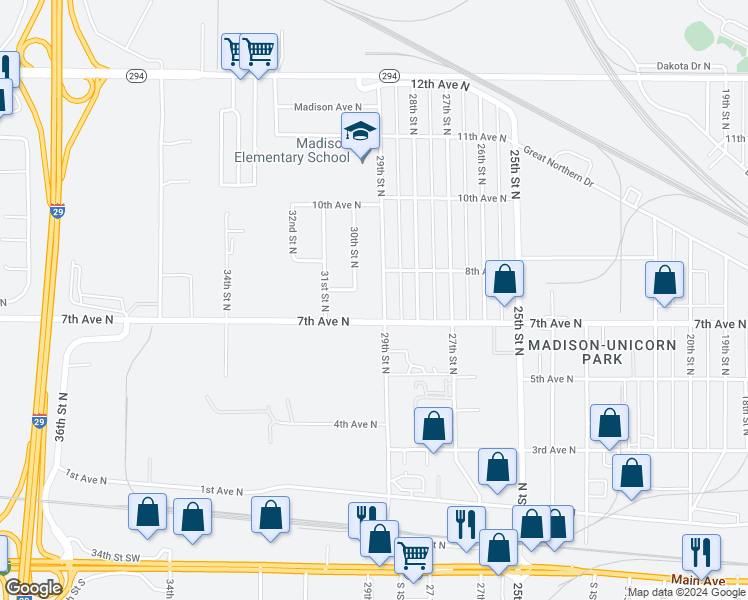 map of restaurants, bars, coffee shops, grocery stores, and more near 713 30th Street North in Fargo