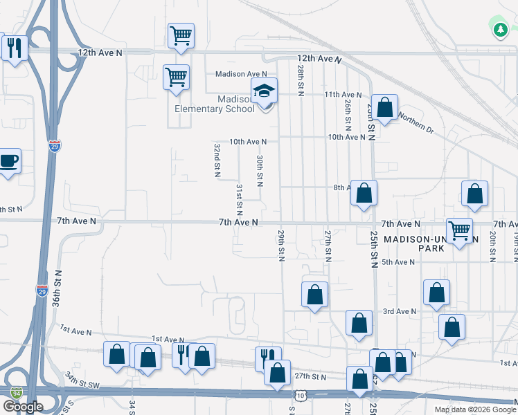 map of restaurants, bars, coffee shops, grocery stores, and more near 713 30th Street North in Fargo