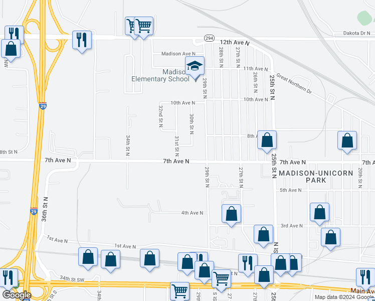map of restaurants, bars, coffee shops, grocery stores, and more near 713 30th Street North in Fargo