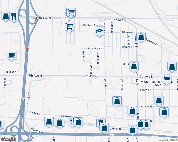 map of restaurants, bars, coffee shops, grocery stores, and more near 712 31st Street North in Fargo