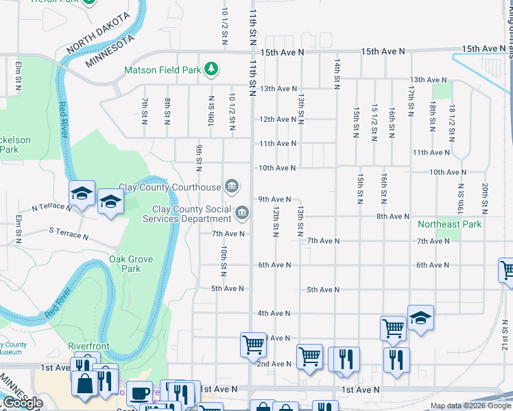 map of restaurants, bars, coffee shops, grocery stores, and more near 808 11th Street North in Moorhead