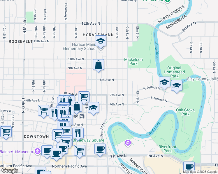 map of restaurants, bars, coffee shops, grocery stores, and more near 733 2nd Street North in Fargo