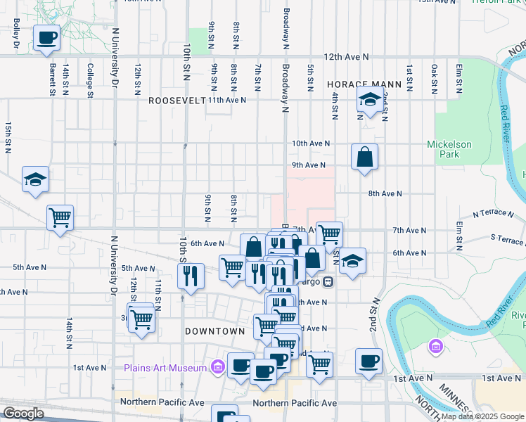 map of restaurants, bars, coffee shops, grocery stores, and more near 719 7th Avenue North in Fargo