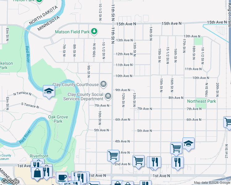 map of restaurants, bars, coffee shops, grocery stores, and more near 808 11th Street North in Moorhead