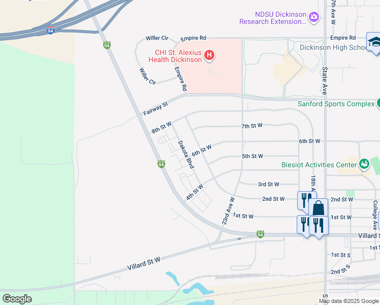 map of restaurants, bars, coffee shops, grocery stores, and more near 2580 6th Street West in Dickinson