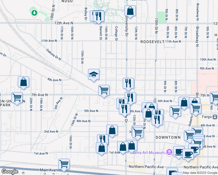 map of restaurants, bars, coffee shops, grocery stores, and more near 721-723 14th Street North in Fargo