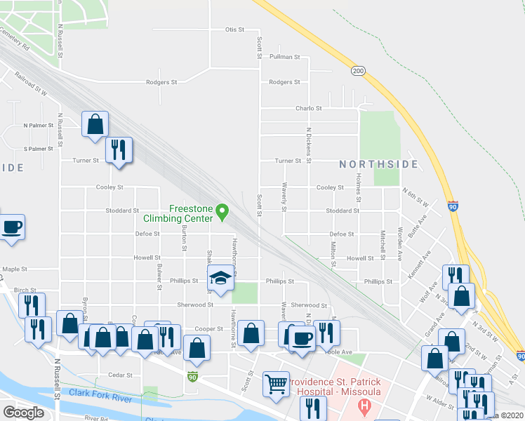 map of restaurants, bars, coffee shops, grocery stores, and more near 1098 Stoddard Street in Missoula