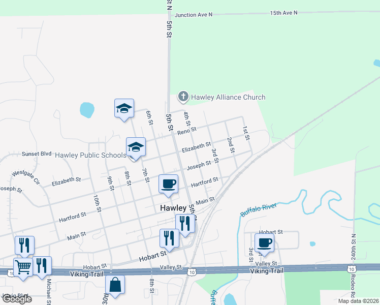 map of restaurants, bars, coffee shops, grocery stores, and more near 621 4th Street in Hawley