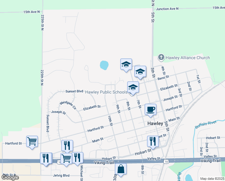 map of restaurants, bars, coffee shops, grocery stores, and more near 721 9th Street in Hawley