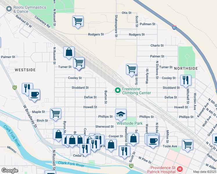 map of restaurants, bars, coffee shops, grocery stores, and more near 1301 Stoddard Street in Missoula