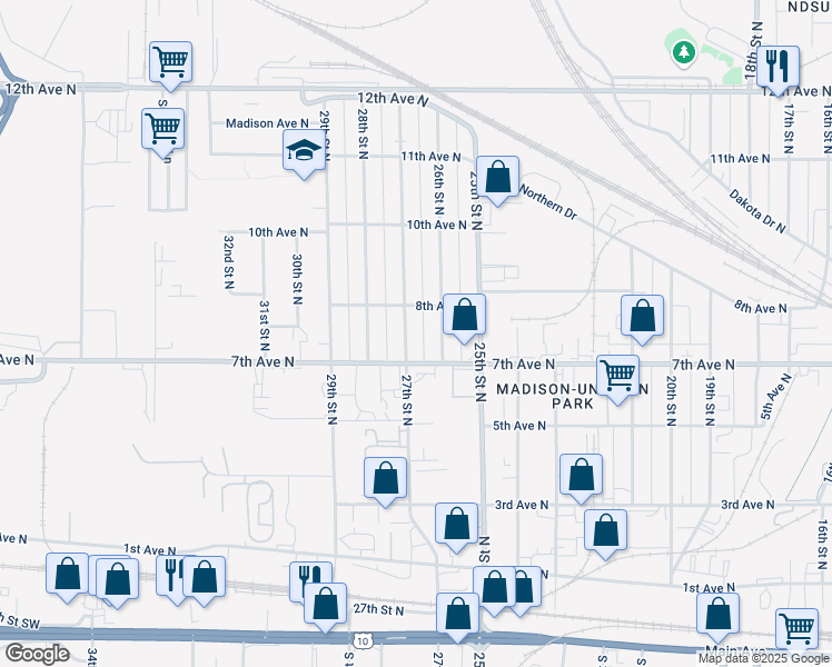 map of restaurants, bars, coffee shops, grocery stores, and more near 717 27th St N in Fargo