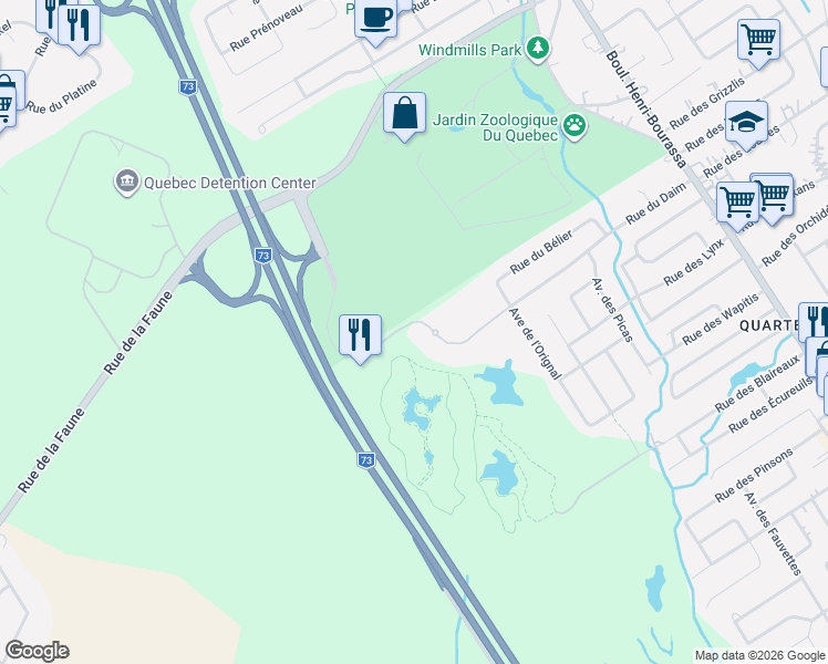 map of restaurants, bars, coffee shops, grocery stores, and more near 7780 Rue du Daim in Québec