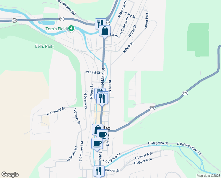 map of restaurants, bars, coffee shops, grocery stores, and more near 400 North Mill Street in Colfax
