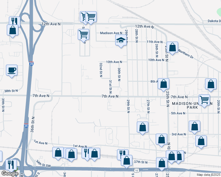 map of restaurants, bars, coffee shops, grocery stores, and more near 712 31st St N in Fargo