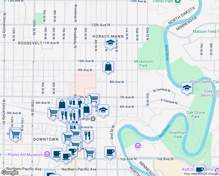 map of restaurants, bars, coffee shops, grocery stores, and more near 731 3rd St N in Fargo