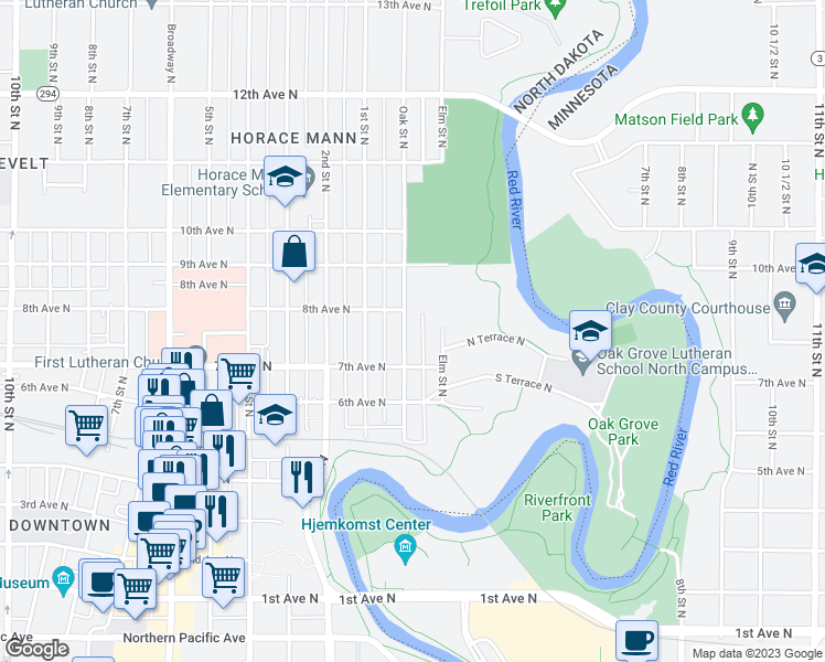 map of restaurants, bars, coffee shops, grocery stores, and more near 727 Oak Street North in Fargo