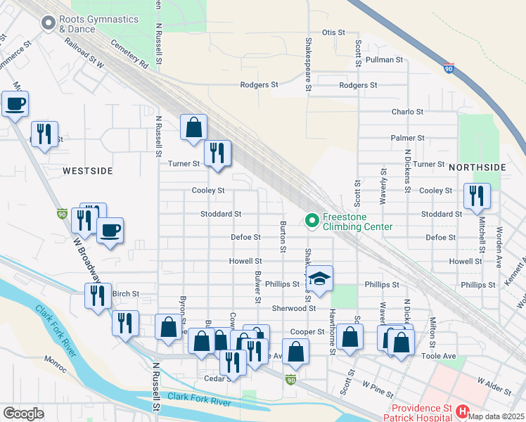 map of restaurants, bars, coffee shops, grocery stores, and more near 1300 Bulwer Street in Missoula