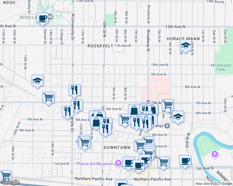 map of restaurants, bars, coffee shops, grocery stores, and more near 717 9th Street North in Fargo