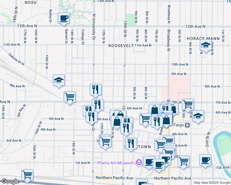 map of restaurants, bars, coffee shops, grocery stores, and more near 721 11th Street North in Fargo
