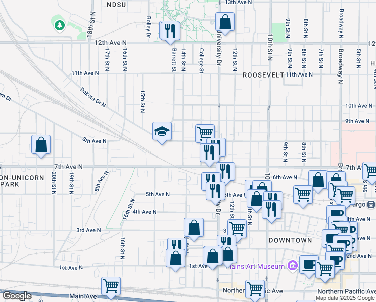map of restaurants, bars, coffee shops, grocery stores, and more near 721-723 14th Street North in Fargo