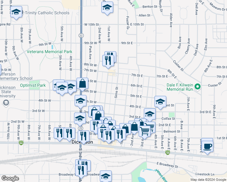 map of restaurants, bars, coffee shops, grocery stores, and more near 5 5th Street East in Dickinson
