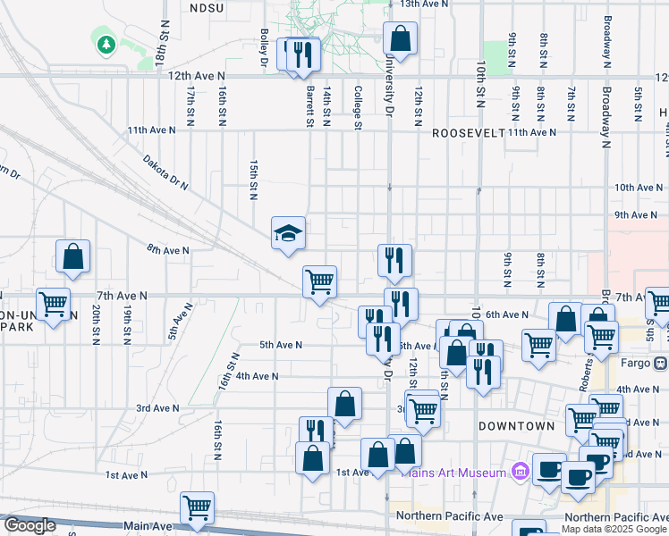map of restaurants, bars, coffee shops, grocery stores, and more near 721-723 14th Street North in Fargo