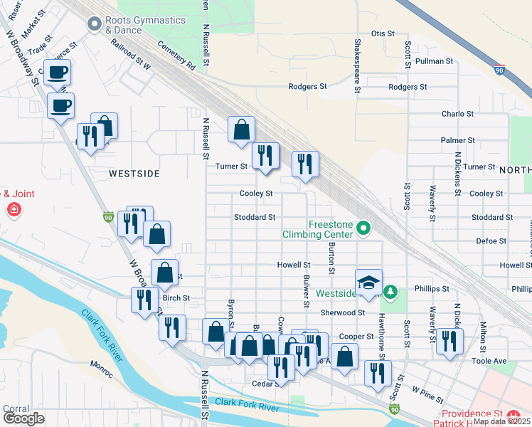 map of restaurants, bars, coffee shops, grocery stores, and more near 28 Stoddard Street in Missoula