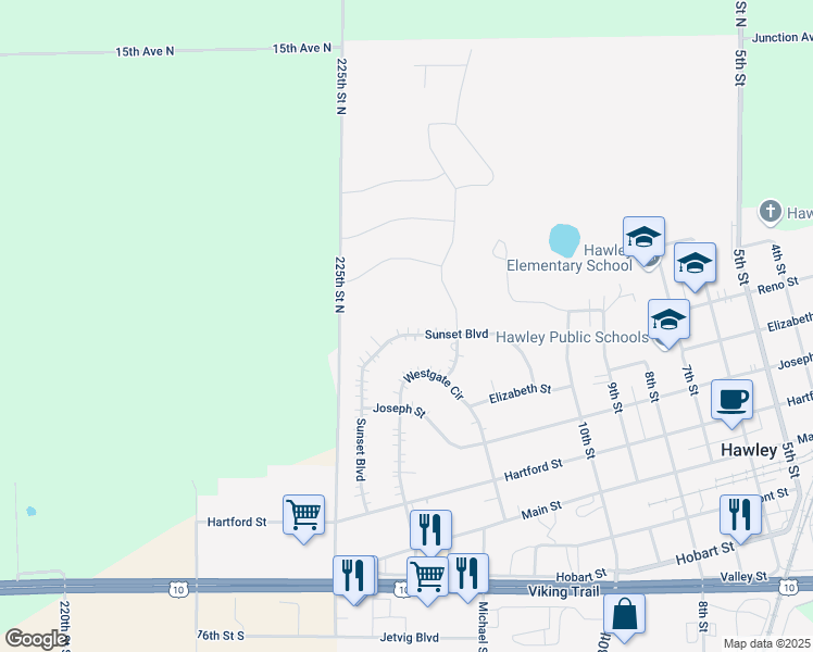 map of restaurants, bars, coffee shops, grocery stores, and more near 1404 Sunset Boulevard in Hawley