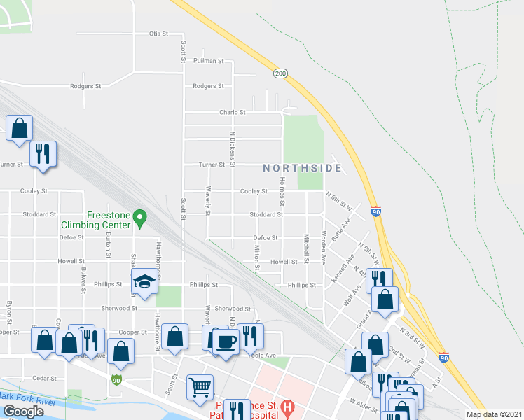 map of restaurants, bars, coffee shops, grocery stores, and more near 1305 Milton Street in Missoula