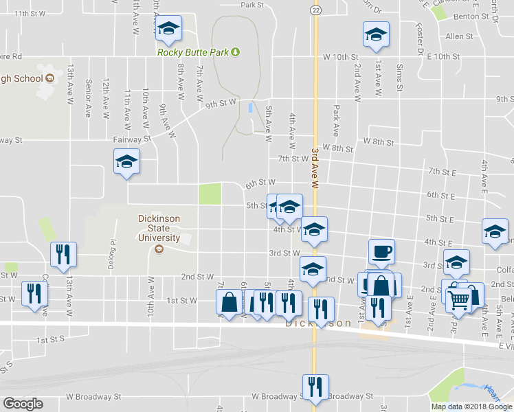 map of restaurants, bars, coffee shops, grocery stores, and more near West 5th Street in Dickinson