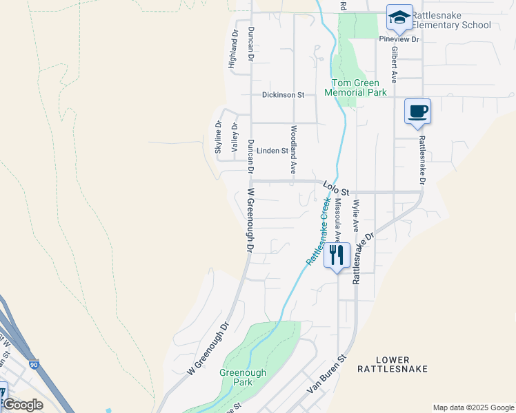 map of restaurants, bars, coffee shops, grocery stores, and more near 2216 West Greenough Drive in Missoula