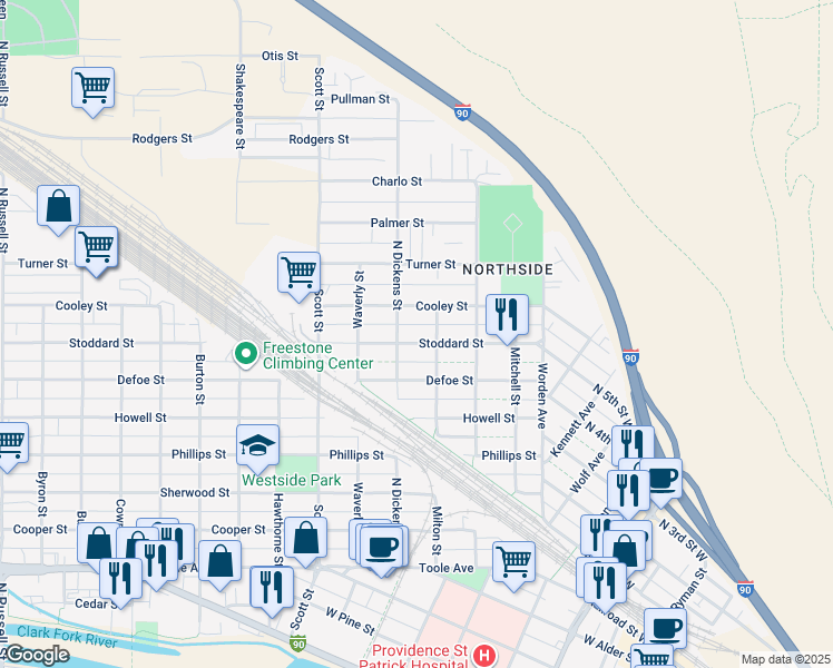 map of restaurants, bars, coffee shops, grocery stores, and more near 838 Stoddard Street in Missoula
