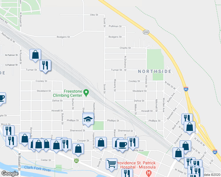 map of restaurants, bars, coffee shops, grocery stores, and more near 1028 Stoddard Street in Missoula