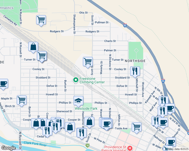 map of restaurants, bars, coffee shops, grocery stores, and more near 1028 Stoddard Street in Missoula