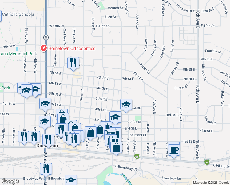 map of restaurants, bars, coffee shops, grocery stores, and more near 536 3rd Avenue East in Dickinson
