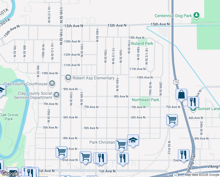 map of restaurants, bars, coffee shops, grocery stores, and more near 820 15th Street North in Moorhead
