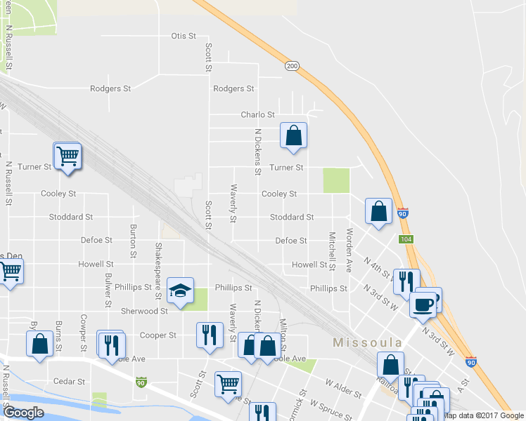 map of restaurants, bars, coffee shops, grocery stores, and more near 838 Stoddard Street in Missoula