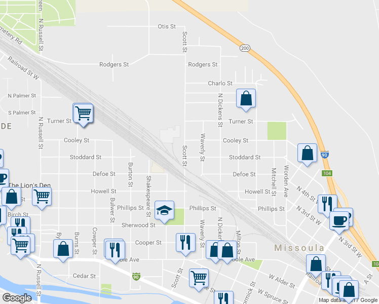 map of restaurants, bars, coffee shops, grocery stores, and more near 1028 Stoddard Street in Missoula