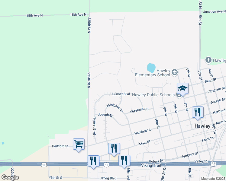 map of restaurants, bars, coffee shops, grocery stores, and more near 1404 Sunset Boulevard in Hawley