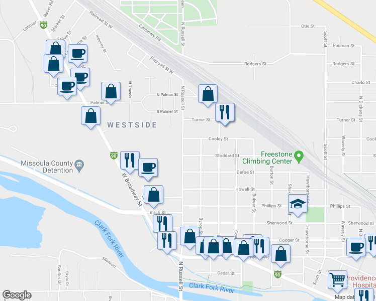 map of restaurants, bars, coffee shops, grocery stores, and more near 1820 Stoddard Street in Missoula
