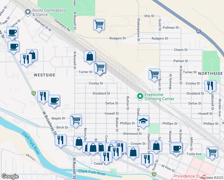 map of restaurants, bars, coffee shops, grocery stores, and more near 1500 Stoddard Street in Missoula