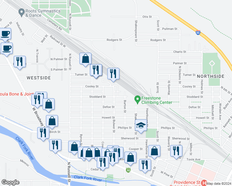 map of restaurants, bars, coffee shops, grocery stores, and more near 1300 Bulwer Street in Missoula