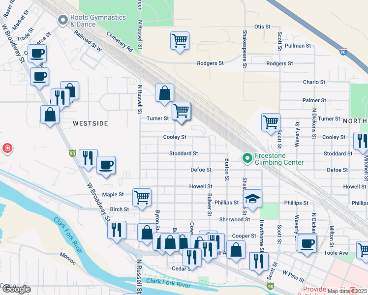 map of restaurants, bars, coffee shops, grocery stores, and more near 28 Stoddard Street in Missoula