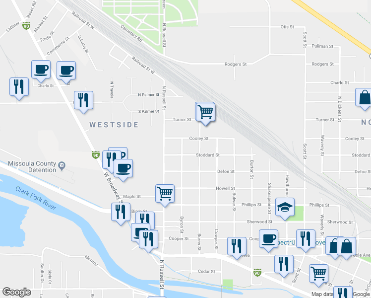 map of restaurants, bars, coffee shops, grocery stores, and more near 1300 Byron Street in Missoula