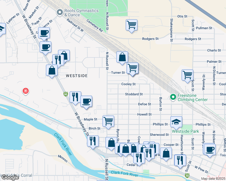 map of restaurants, bars, coffee shops, grocery stores, and more near 1820 Stoddard Street in Missoula