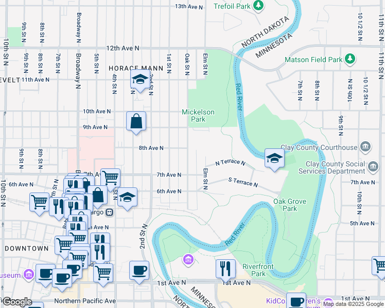 map of restaurants, bars, coffee shops, grocery stores, and more near 727 Oak Street North in Fargo
