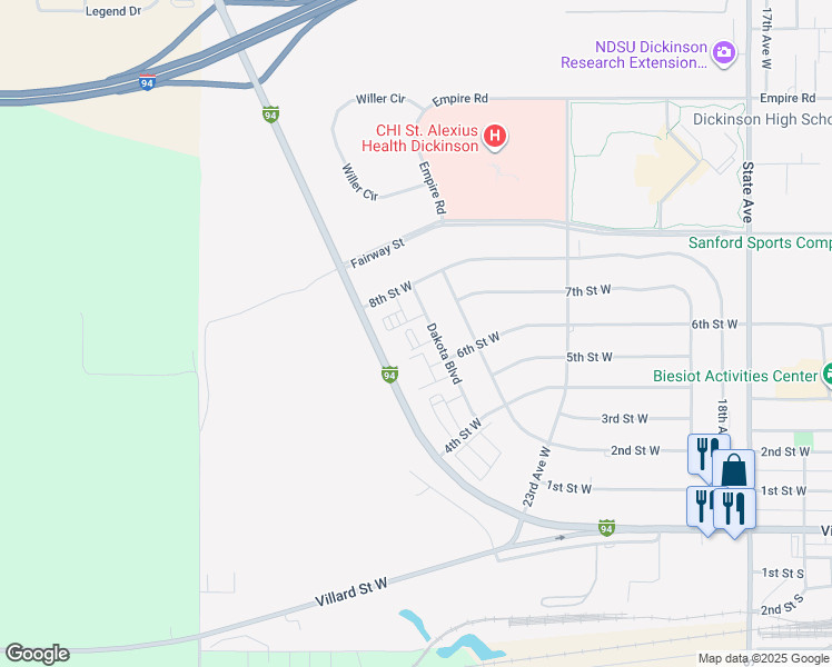 map of restaurants, bars, coffee shops, grocery stores, and more near 2611 Dakota Boulevard in Dickinson