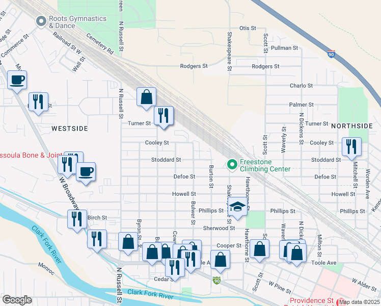 map of restaurants, bars, coffee shops, grocery stores, and more near 1341 Bulwer Street in Missoula