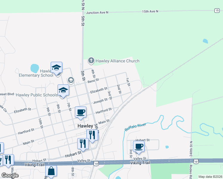 map of restaurants, bars, coffee shops, grocery stores, and more near 609 3rd Street in Hawley